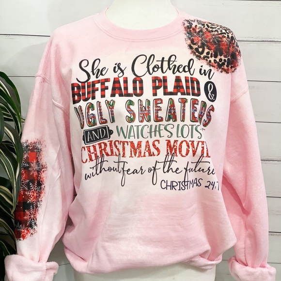 Buffalo Plaid and Christmas Movies Bleached Pink Sweatshirt - Picture 1 of 1